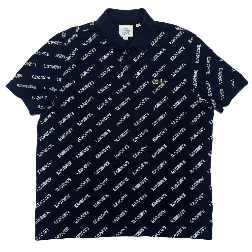 LACOSTE Live Polo Shirt All Over Script Print Navy Blue ~ Fits like a Medium M
